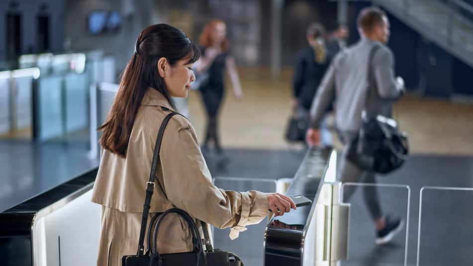 An app-enabled touchless office environment reduces health risks as people move through buildings.